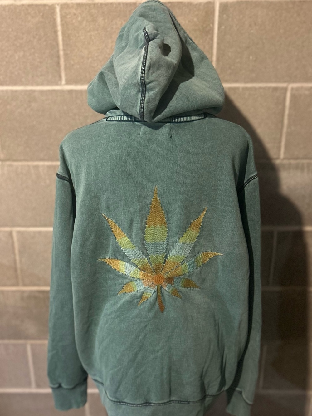 Men's lucky brand acid washed Teal Green Hooded Sweater with Embroidered Leaf
